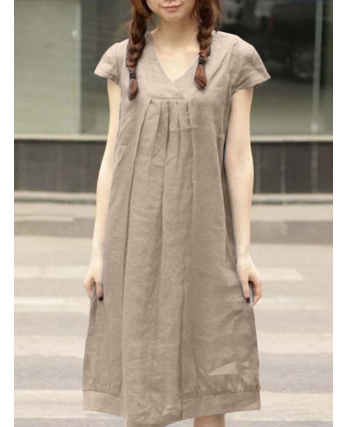 Leisure Solid Ruched Short Sleeve Midi Cotton Dres...