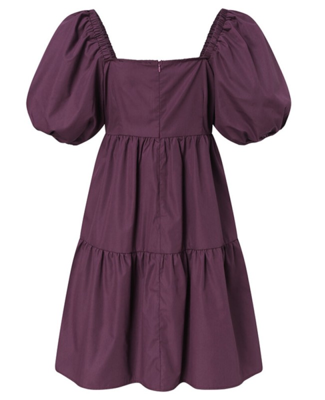 Women Puff Sleeve Square Collar Pure Color Knee Length Dress with Back Zipper - Black 5XL Women Puff Sleeve Square Collar Pure Color Knee Length Dress with Back Zipper - Black 5XL