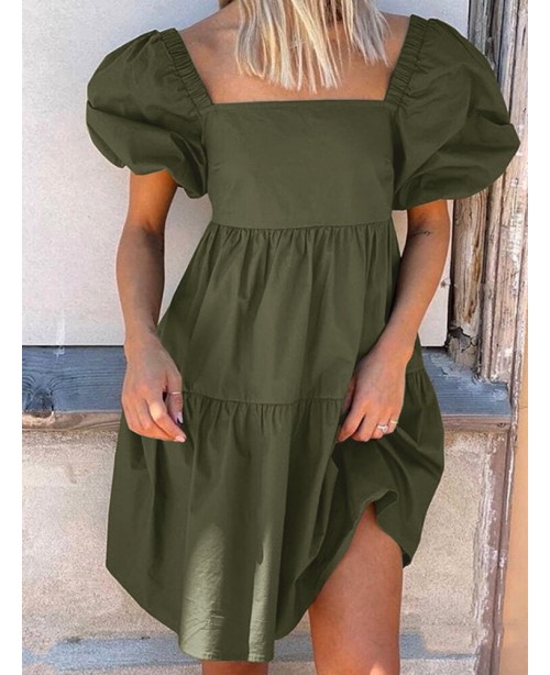 Women Puff Sleeve Square Collar Pure Color Knee Le... Women Puff Sleeve Square Collar Pure Color Knee Le...