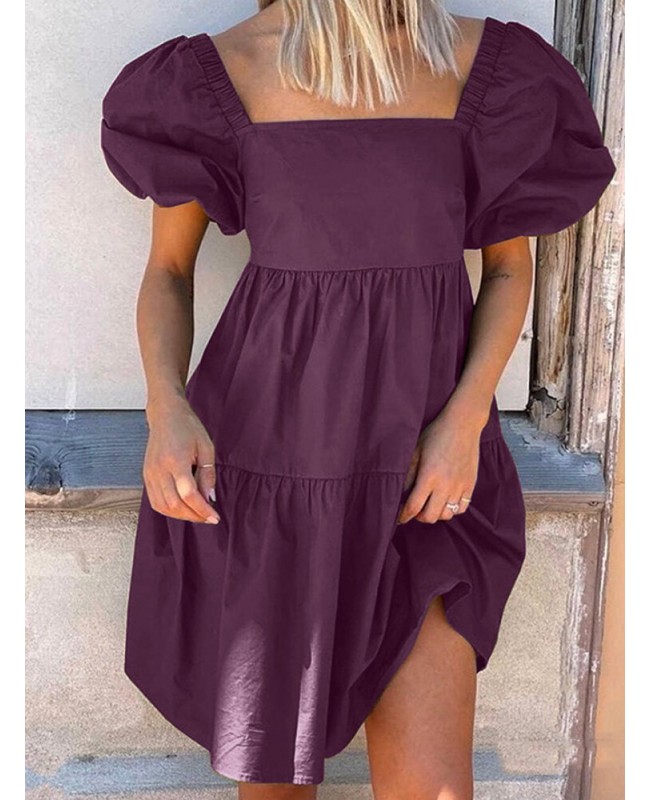 Women Puff Sleeve Square Collar Pure Color Knee Length Dress with Back Zipper - Black 5XL Women Puff Sleeve Square Collar Pure Color Knee Length Dress with Back Zipper - Black 5XL