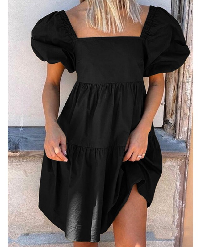 Women Puff Sleeve Square Collar Pure Color Knee Length Dress with Back Zipper - Black 5XL Women Puff Sleeve Square Collar Pure Color Knee Length Dress with Back Zipper - Black 5XL