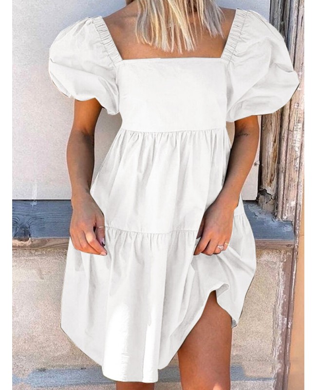 Women Puff Sleeve Square Collar Pure Color Knee Length Dress with Back Zipper - Black 5XL Women Puff Sleeve Square Collar Pure Color Knee Length Dress with Back Zipper - Black 5XL