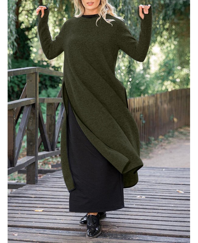 Women Slitting Leisure Solid Long Sleeve Ankle Length Midi Dresses - Black S Women Slitting Leisure Solid Long Sleeve Ankle Length Midi Dresses - Black S