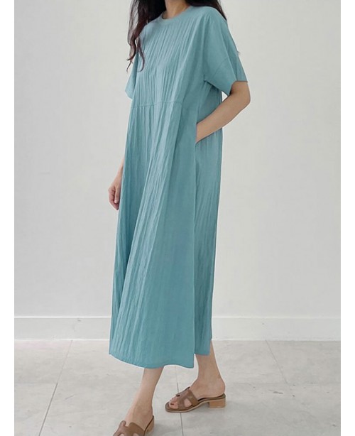 Solid Pocket Short Sleeve Round Neck Casual Dress ...