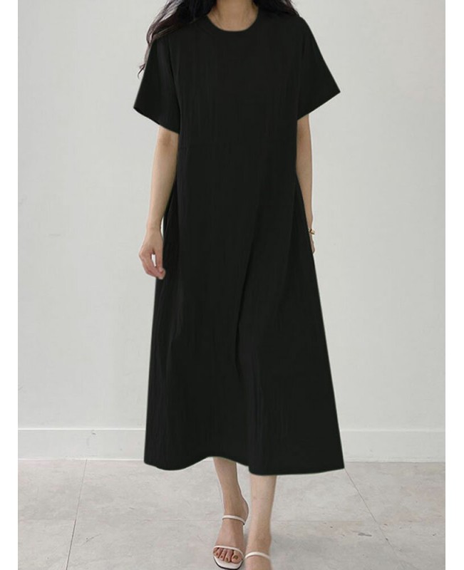 Solid Pocket Short Sleeve Round Neck Casual Dress - Black S
