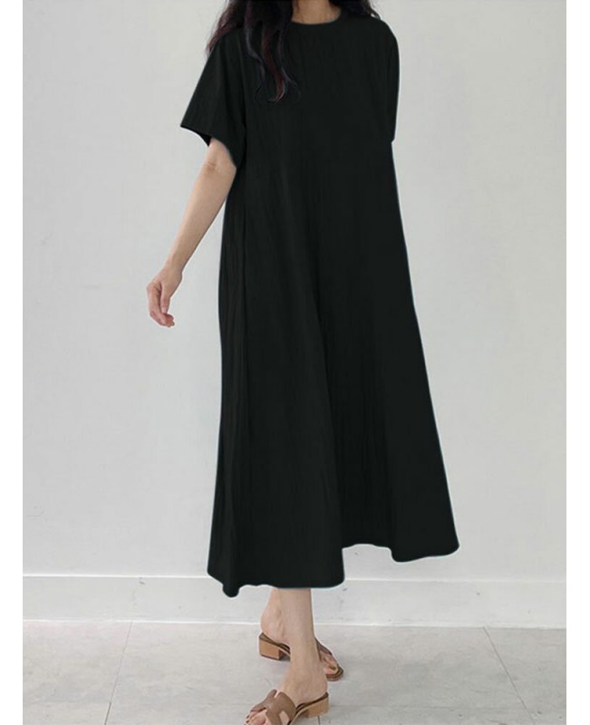Solid Pocket Short Sleeve Round Neck Casual Dress - Black S