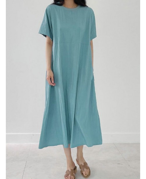 Solid Pocket Short Sleeve Round Neck Casual Dress ...