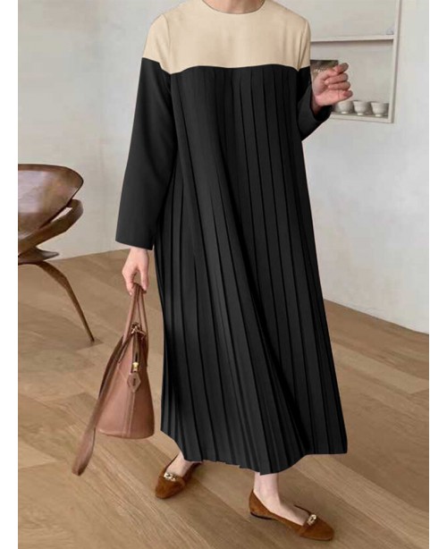 Women Solid Patchwork Pleats Long Sleeve Mid-Calf ... Women Solid Patchwork Pleats Long Sleeve Mid-Calf ...