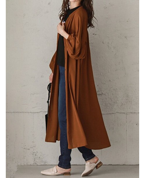 Women Loose Shirt Buttons Solid V-Neck Calf Length... Women Loose Shirt Buttons Solid V-Neck Calf Length...