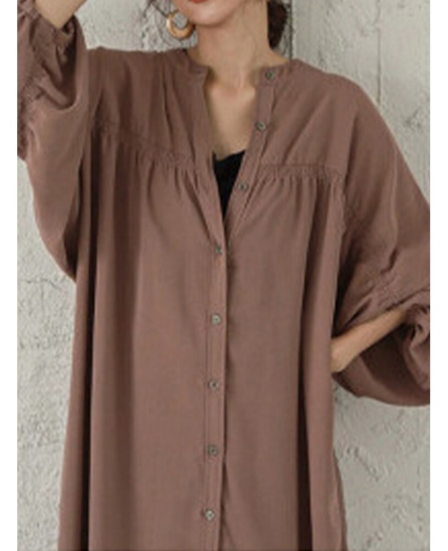 Women Loose Shirt Buttons Solid V-Neck Calf Length Midi Dresses - Brown Free Size Women Loose Shirt Buttons Solid V-Neck Calf Length Midi Dresses - Brown Free Size