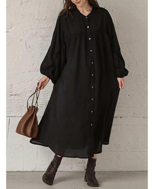 Women Loose Shirt Buttons Solid V-Neck Calf Length... Women Loose Shirt Buttons Solid V-Neck Calf Length...