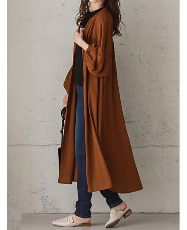 Women Loose Shirt Buttons Solid V-Neck Calf Length Midi Dresses - Brown Free Size Women Loose Shirt Buttons Solid V-Neck Calf Length Midi Dresses - Brown Free Size
