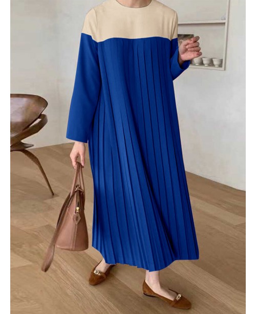 Women Solid Patchwork Pleats Long Sleeve Mid-Calf ... Women Solid Patchwork Pleats Long Sleeve Mid-Calf ...