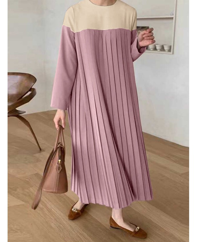 Women Solid Patchwork Pleats Long Sleeve Mid-Calf Length Casual Dresses - Pink S Women Solid Patchwork Pleats Long Sleeve Mid-Calf Length Casual Dresses - Pink S