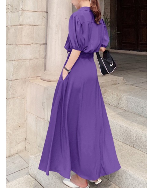 Solid Pocket Button Lapel Sash Casual Maxi Dress -...
