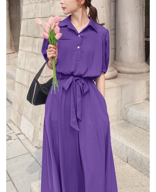 Solid Pocket Button Lapel Sash Casual Maxi Dress -...