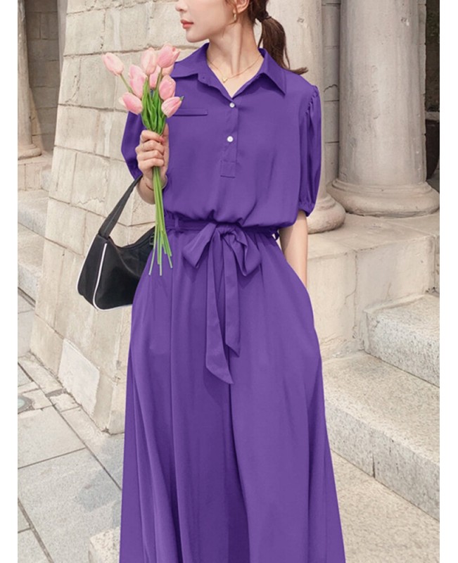 Solid Pocket Button Lapel Sash Casual Maxi Dress - Black 3XL