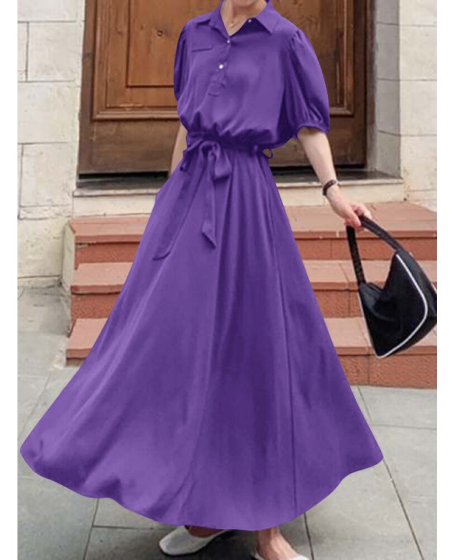 Solid Pocket Button Lapel Sash Casual Maxi Dress - Black 3XL