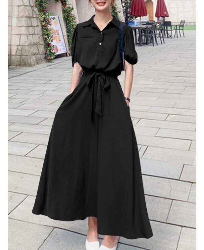 Solid Pocket Button Lapel Sash Casual Maxi Dress - Black 3XL