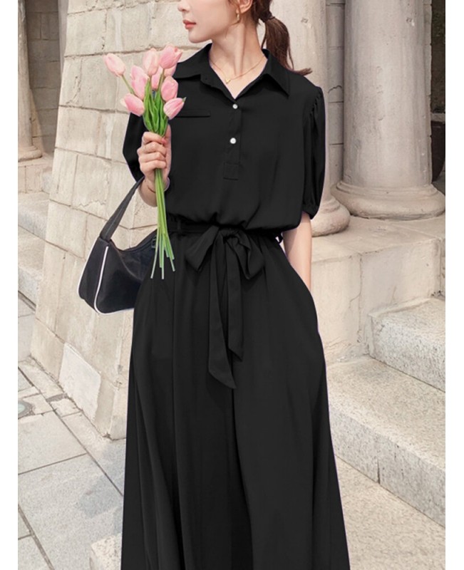 Solid Pocket Button Lapel Sash Casual Maxi Dress - Black 3XL