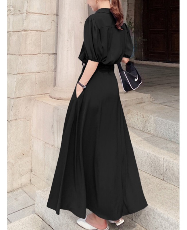 Solid Pocket Button Lapel Sash Casual Maxi Dress - Black 3XL