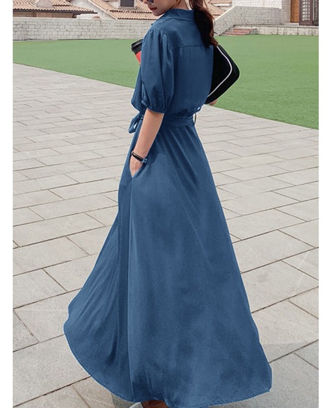 Solid Pocket Button Lapel Sash Casual Maxi Dress - Black 3XL
