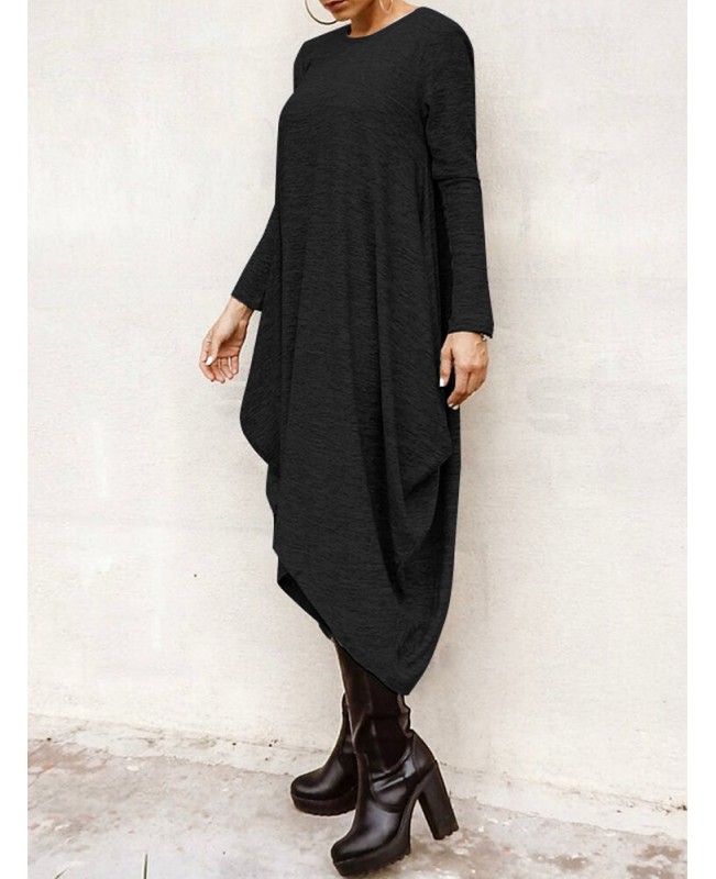 Women Long Sleeve Loose High Low Hem Midi Casual Dress - Grey M Women Long Sleeve Loose High Low Hem Midi Casual Dress - Grey M