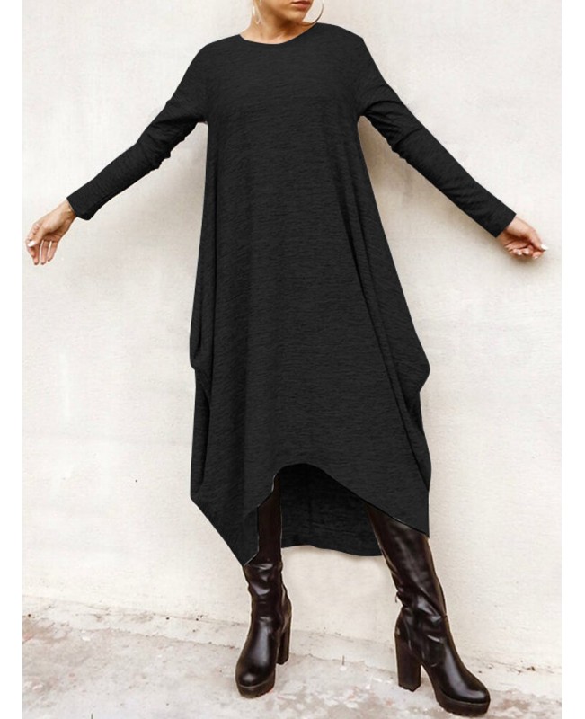 Women Long Sleeve Loose High Low Hem Midi Casual Dress - Grey M Women Long Sleeve Loose High Low Hem Midi Casual Dress - Grey M