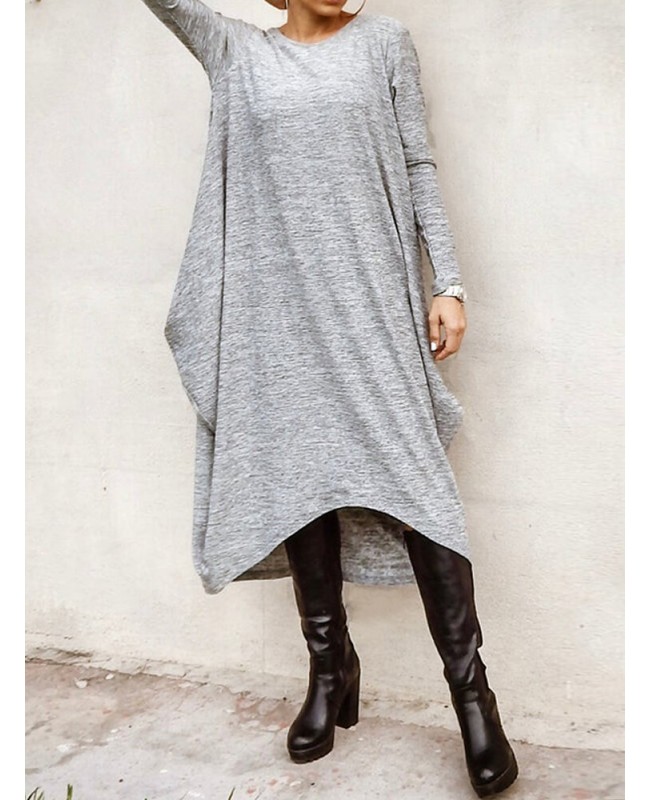 Women Long Sleeve Loose High Low Hem Midi Casual Dress - Grey M Women Long Sleeve Loose High Low Hem Midi Casual Dress - Grey M