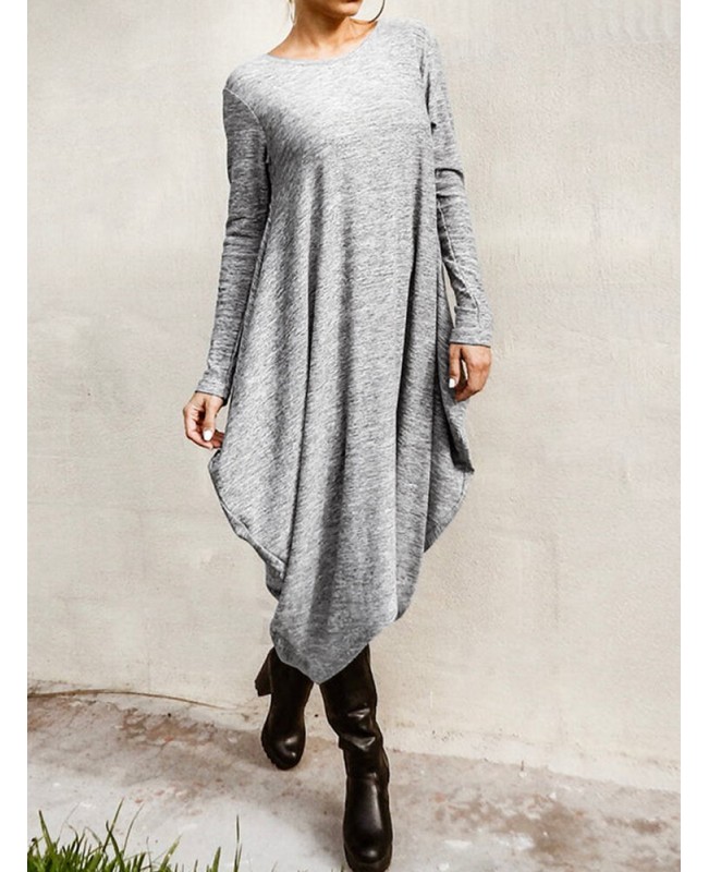 Women Long Sleeve Loose High Low Hem Midi Casual Dress - Grey M Women Long Sleeve Loose High Low Hem Midi Casual Dress - Grey M