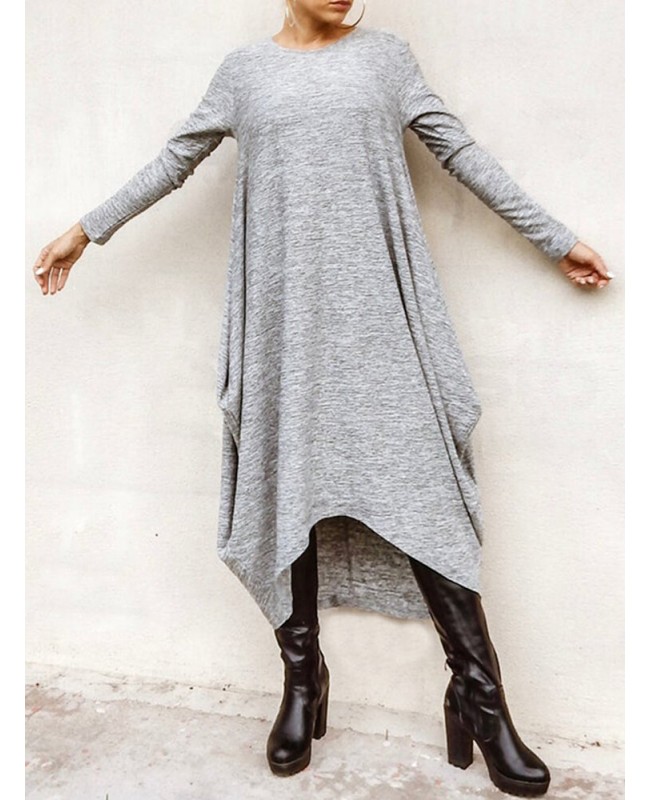Women Long Sleeve Loose High Low Hem Midi Casual Dress - Grey M Women Long Sleeve Loose High Low Hem Midi Casual Dress - Grey M