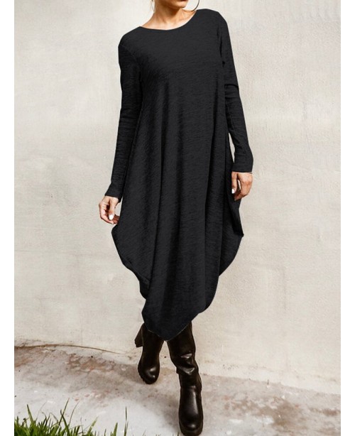 Women Long Sleeve Loose High Low Hem Midi Casual D...