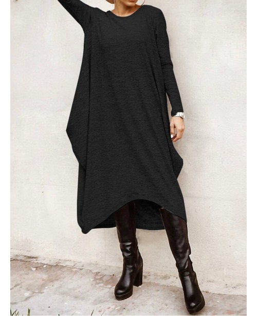 Women Long Sleeve Loose High Low Hem Midi Casual D...