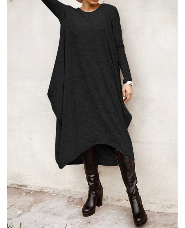 Women Long Sleeve Loose High Low Hem Midi Casual Dress - Grey M Women Long Sleeve Loose High Low Hem Midi Casual Dress - Grey M