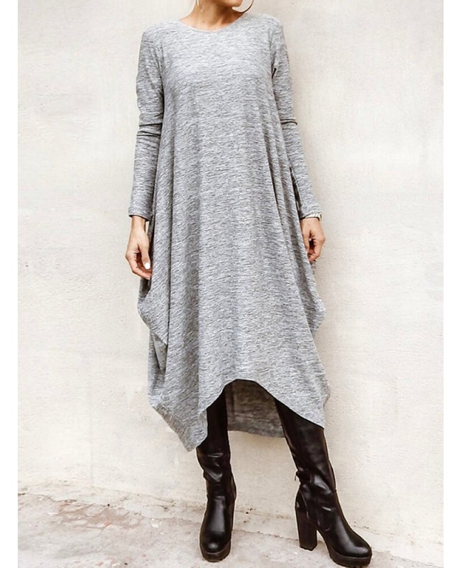 Women Long Sleeve Loose High Low Hem Midi Casual Dress - Grey M Women Long Sleeve Loose High Low Hem Midi Casual Dress - Grey M