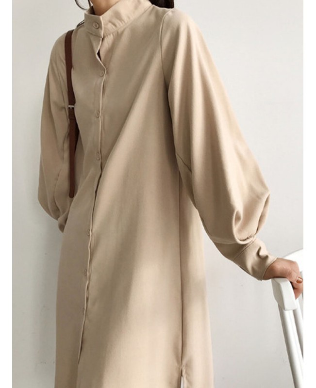 Women Shirt Puff Sleeve Buttons Patchwork Solid Casual Midi Dresses - White M Women Shirt Puff Sleeve Buttons Patchwork Solid Casual Midi Dresses - White M