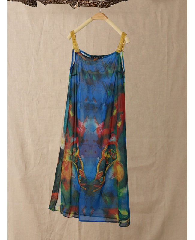 Women Floral Print Two Pieces Set Straps 3/4 Sleeve Vintage Dress - Green 10