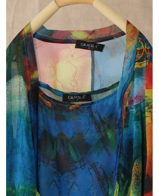 Women Floral Print Two Pieces Set Straps 3/4 Sleeve Vintage Dress - Green 10