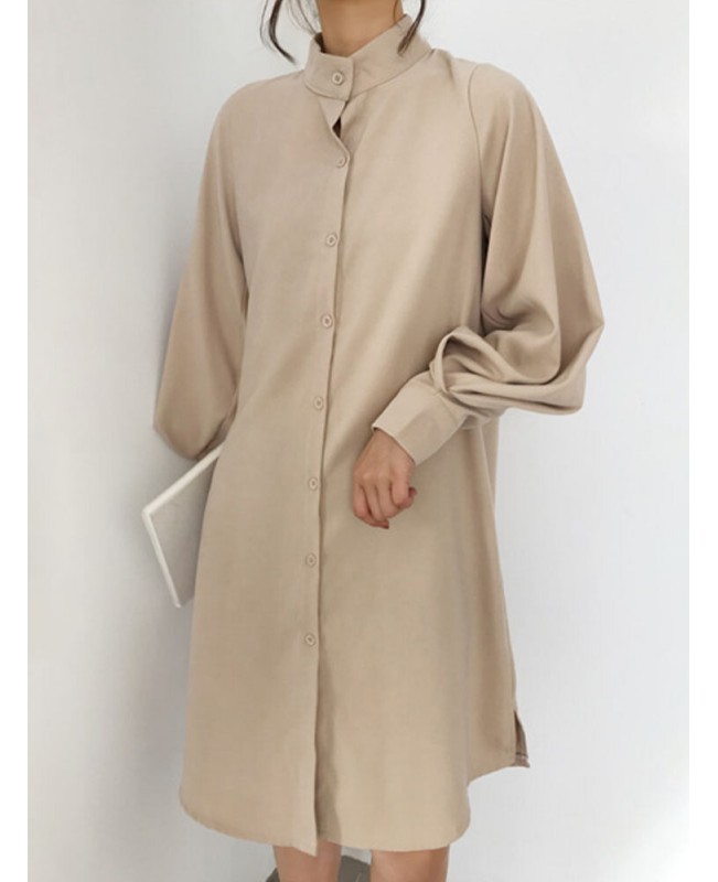 Women Shirt Puff Sleeve Buttons Patchwork Solid Casual Midi Dresses - White M Women Shirt Puff Sleeve Buttons Patchwork Solid Casual Midi Dresses - White M