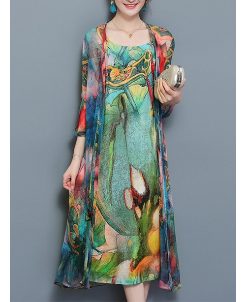 Women Floral Print Two Pieces Set Straps 3/4 Sleev...