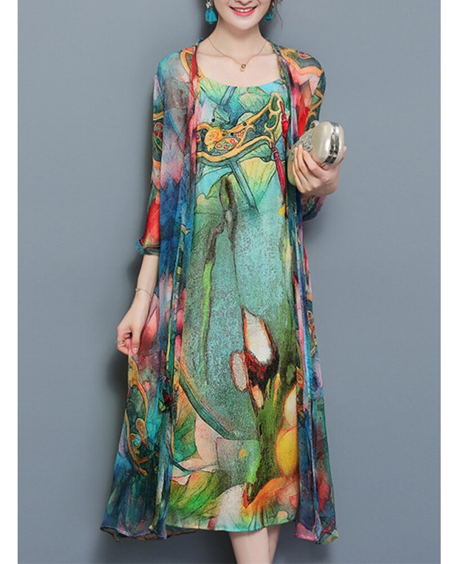 Women Floral Print Two Pieces Set Straps 3/4 Sleeve Vintage Dress - Green 10