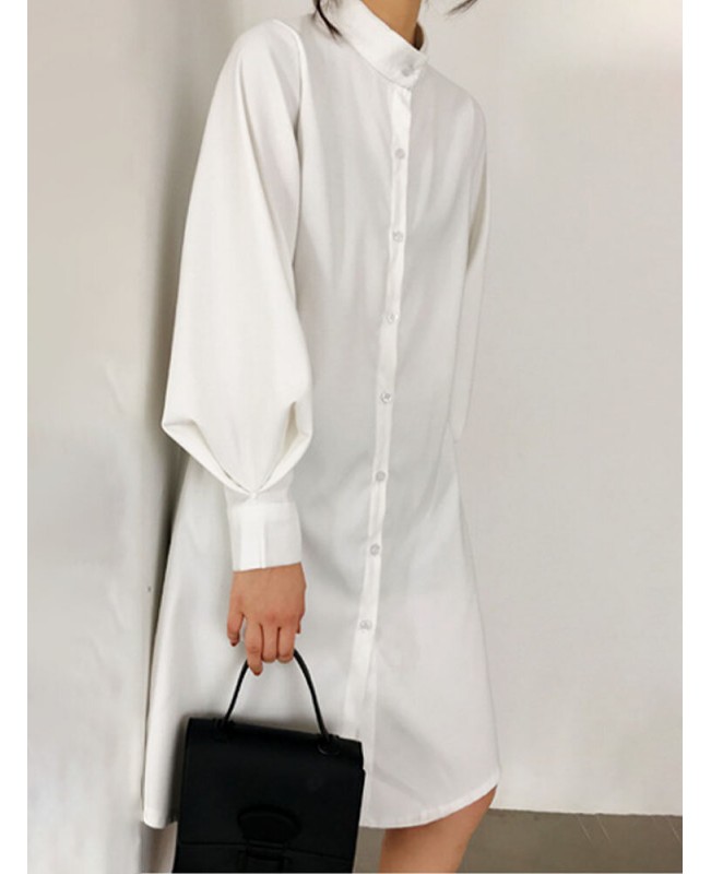 Women Shirt Puff Sleeve Buttons Patchwork Solid Casual Midi Dresses - White M Women Shirt Puff Sleeve Buttons Patchwork Solid Casual Midi Dresses - White M