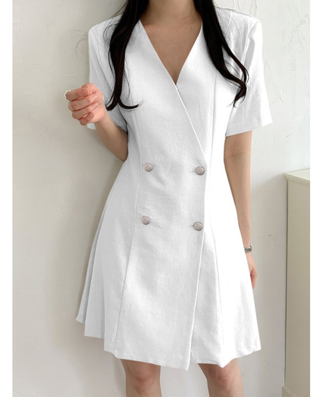 Cotton Solid Button Ruched V Neck Short Sleeve Midi Dress - Black S