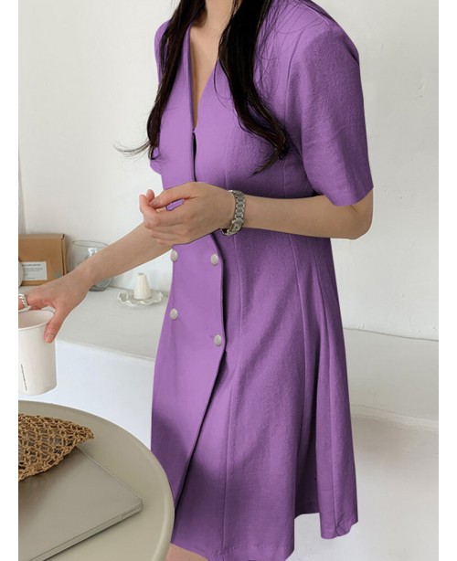 Cotton Solid Button Ruched V Neck Short Sleeve Mid...