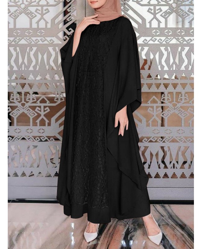 Women Long Sleeve Lace Patchwork Bat Sleeve Kaftan Tunic Solid Color Pleats Midi Dresses - Black S Women Long Sleeve Lace Patchwork Bat Sleeve Kaftan Tunic Solid Color Pleats Midi Dresses - Black S