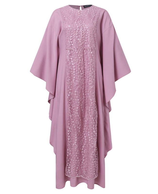 Women Long Sleeve Lace Patchwork Bat Sleeve Kaftan Tunic Solid Color Pleats Midi Dresses - Black S Women Long Sleeve Lace Patchwork Bat Sleeve Kaftan Tunic Solid Color Pleats Midi Dresses - Black S