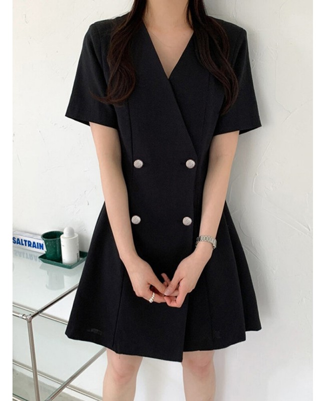 Cotton Solid Button Ruched V Neck Short Sleeve Midi Dress - Black S