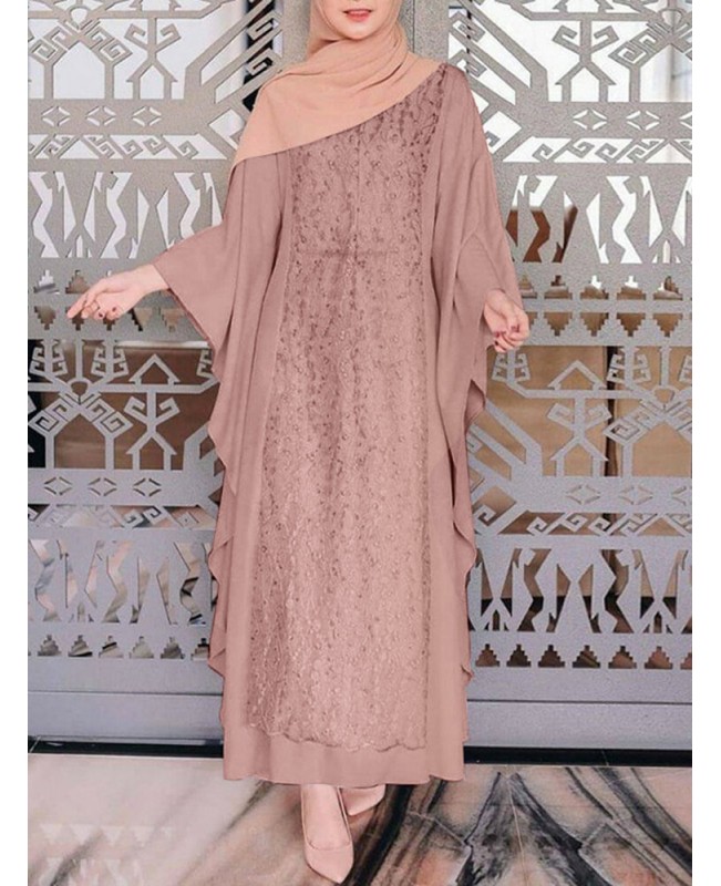 Women Long Sleeve Lace Patchwork Bat Sleeve Kaftan Tunic Solid Color Pleats Midi Dresses - Black S Women Long Sleeve Lace Patchwork Bat Sleeve Kaftan Tunic Solid Color Pleats Midi Dresses - Black S