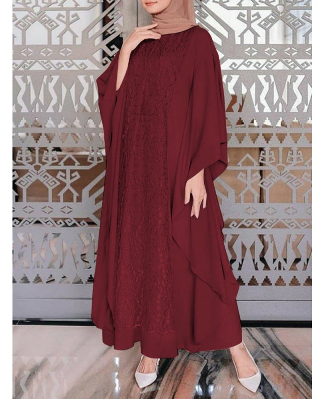 Women Long Sleeve Lace Patchwork Bat Sleeve Kaftan Tunic Solid Color Pleats Midi Dresses - Black S Women Long Sleeve Lace Patchwork Bat Sleeve Kaftan Tunic Solid Color Pleats Midi Dresses - Black S