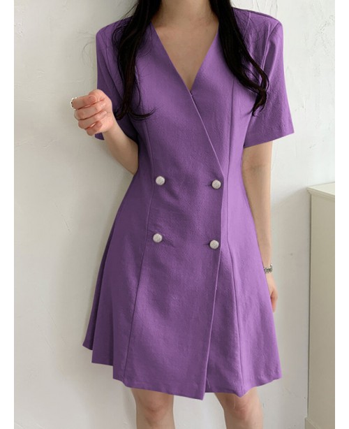 Cotton Solid Button Ruched V Neck Short Sleeve Mid...
